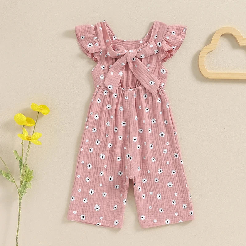 Baby Girls Floral Print Backless Bowknot Cotton Romper