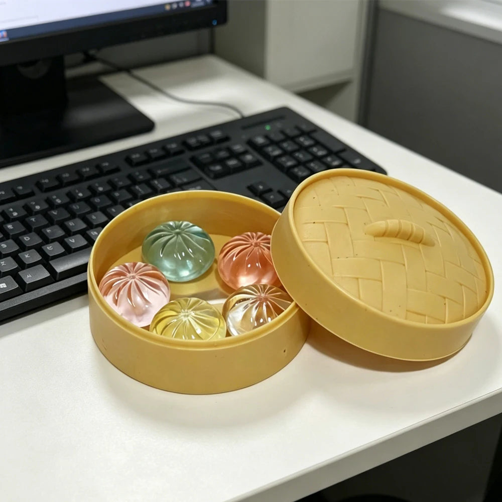 Mini Dumpling Squishy Set with Steamer | 5-Piece Crystal Stress Relief Fidget Toy