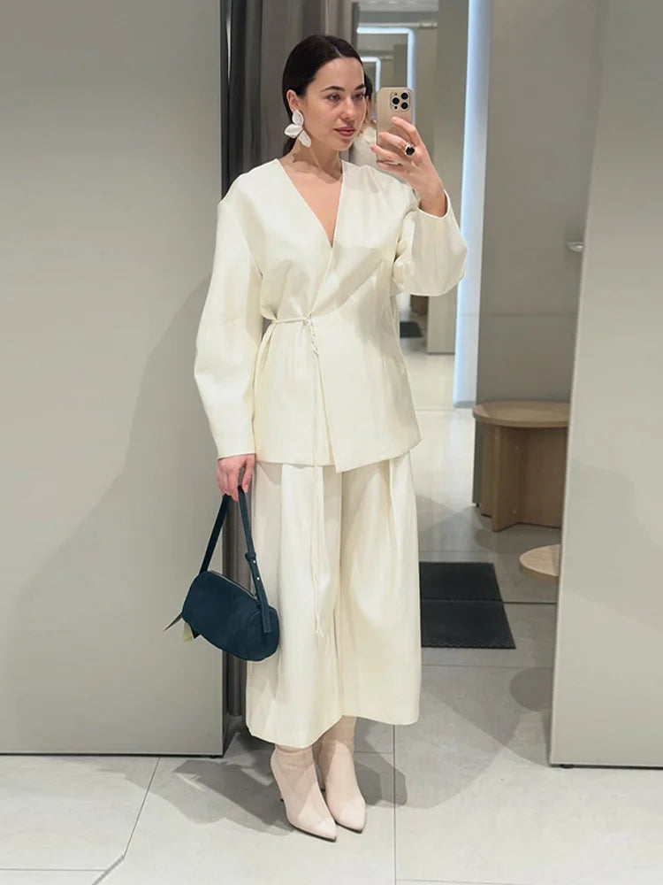 Elegant Stain Loose Jacket Pants Suit Women Solid Lace Up Full Sleeve V-neck Jackets Wide Leg Trousers Fashion Street Sets Lady