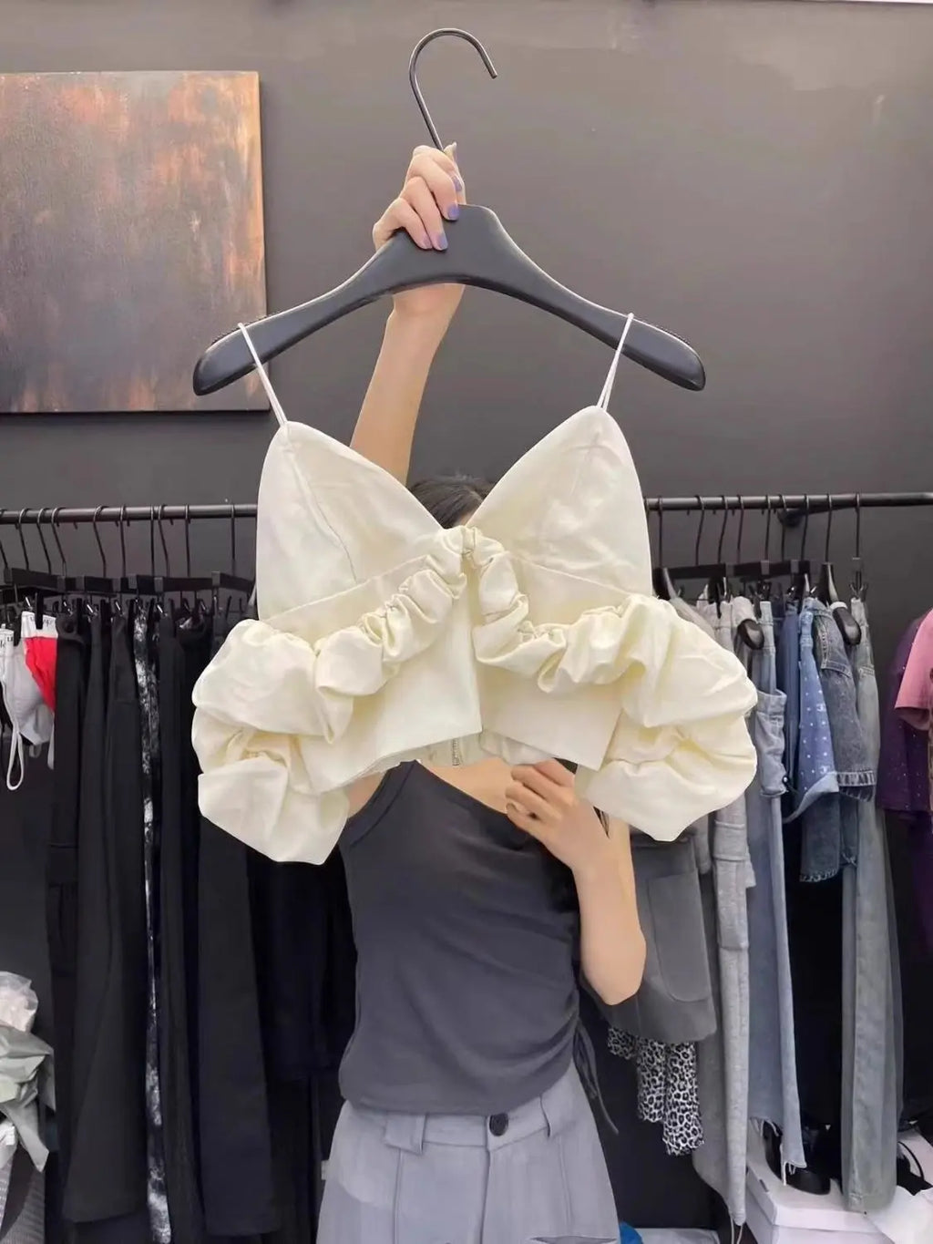Women's clothing 2025 spring and summer new V-neck off-the-shoulder bubble sleeve pleated short suspender vest women