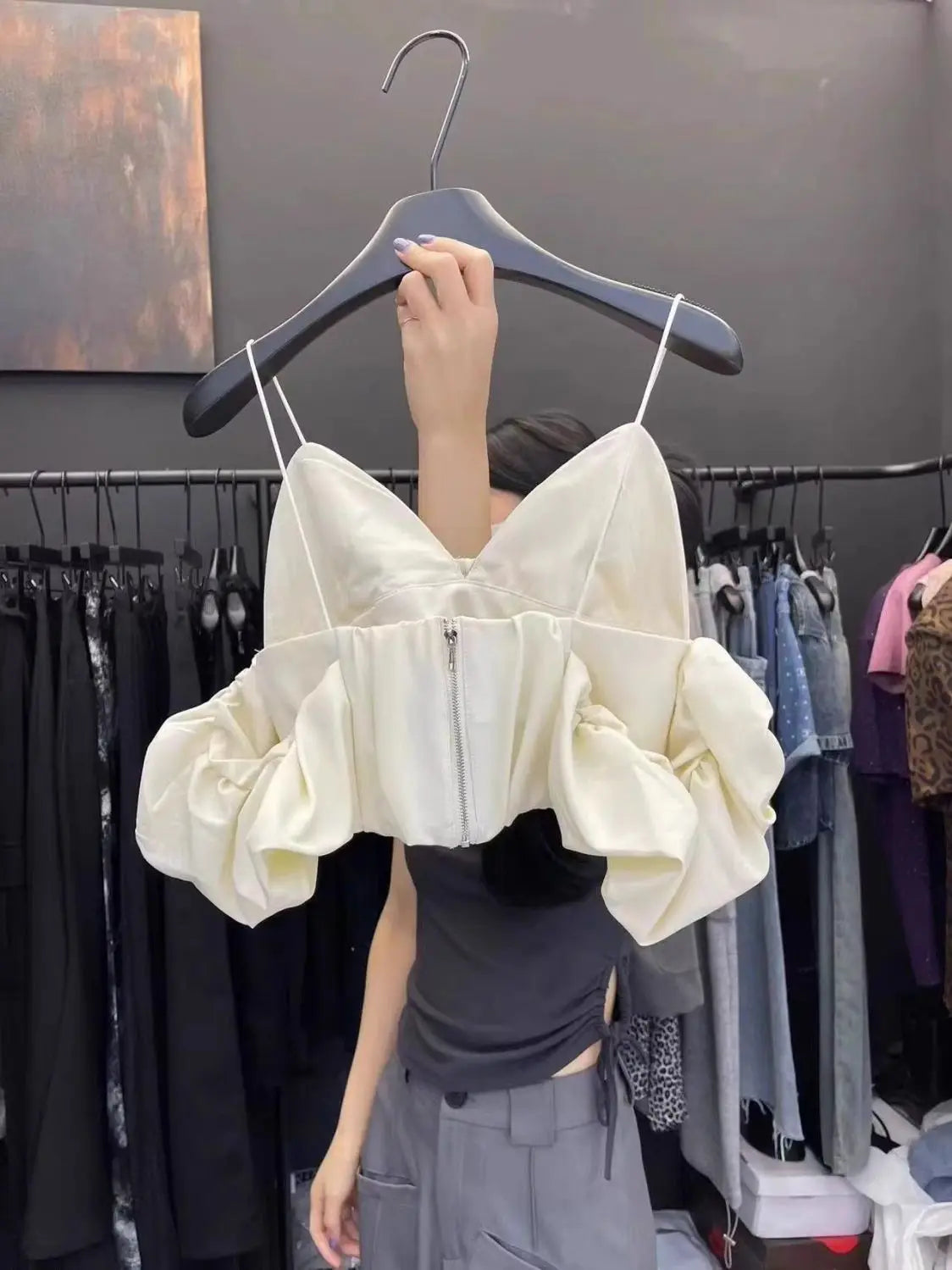 Women's clothing 2025 spring and summer new V-neck off-the-shoulder bubble sleeve pleated short suspender vest women
