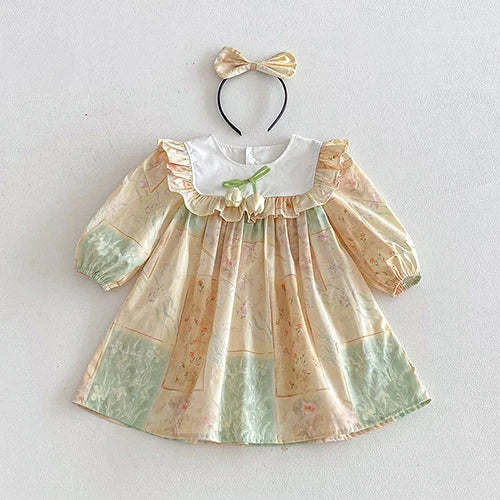 New Spring Sister Dress Kids Princess Dresses Long Sleeved Cotton Print 2-7Yrs Girl Party Dress Baby Girl Romper