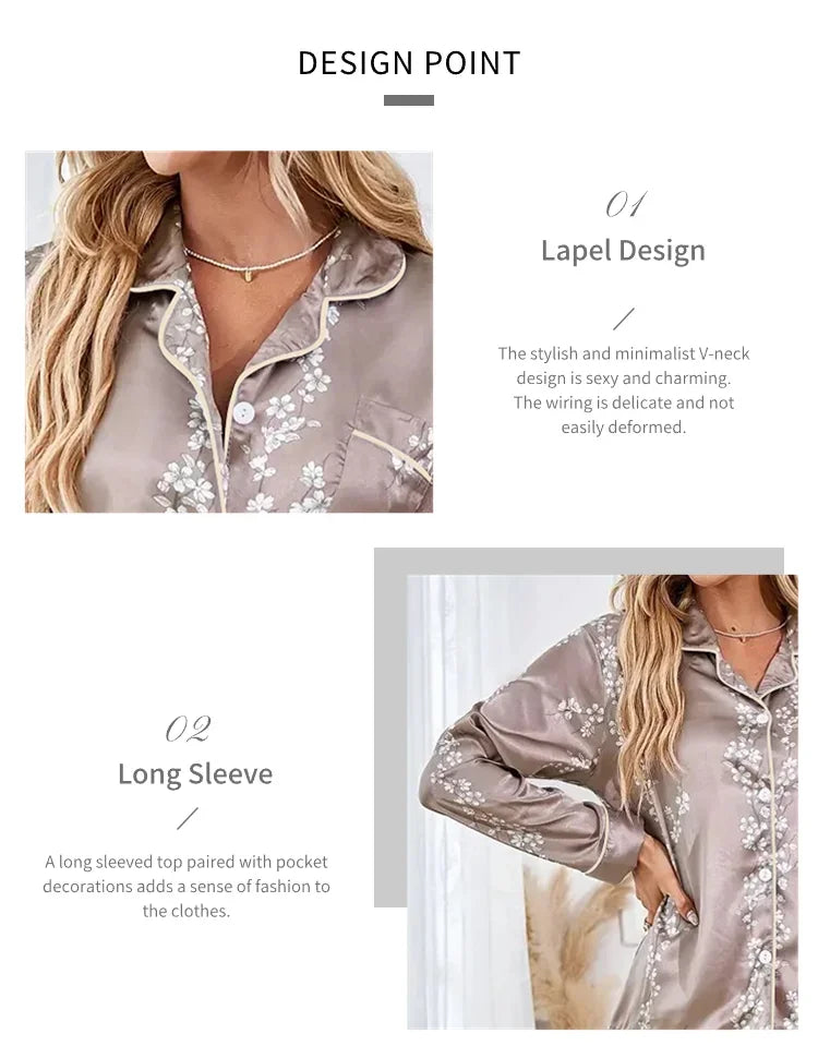 2026 Women Satin Pajama Casual Sleepwear Home Suit Spring Long Sleeve Button Up Top & Pants Nightwear Loungewear Pyjama Femme