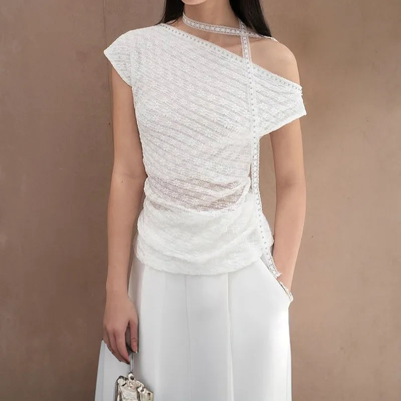 2026 Summer Women's Clothing Street Style One-shoulder Asymmetric Lace Lace Off-shoulder Lace Short-sleeved T-shirt for Women