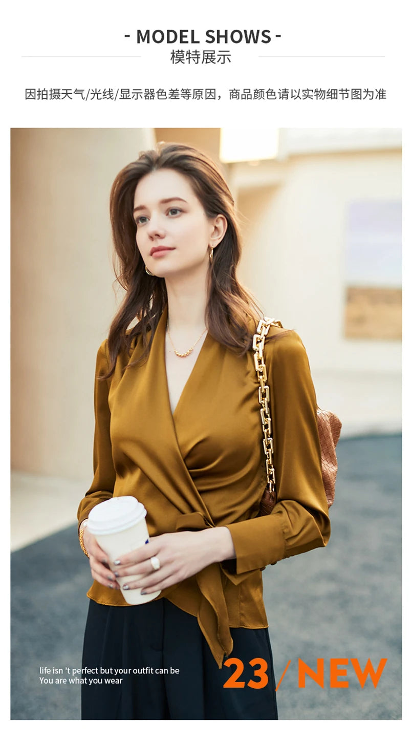 Women's Plus Size Satin Cross Lace-Up Blouse