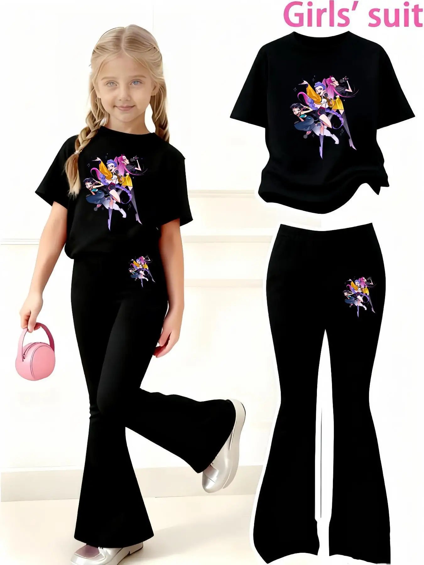 Children's Clothing Girls' Set 2026 New Style Flared Pants + Short-Sleeve Two-Piece Set for Three Girls, Cartoon Print Clothes, Quirky and Versatile, Suitable for Children Aged 4-12