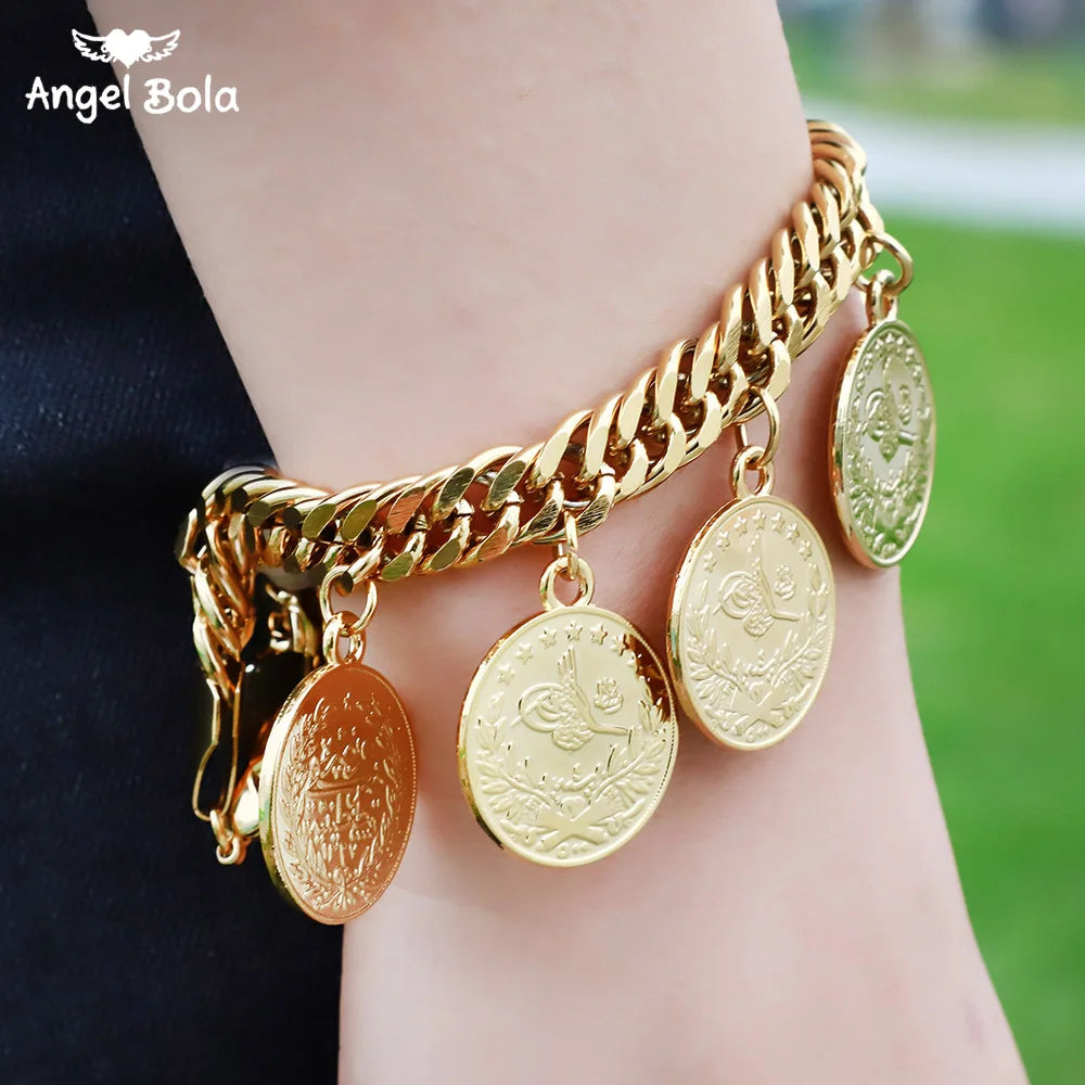 Turkish Coin Charm Bracelet – Gold-Tone Bangle for Women