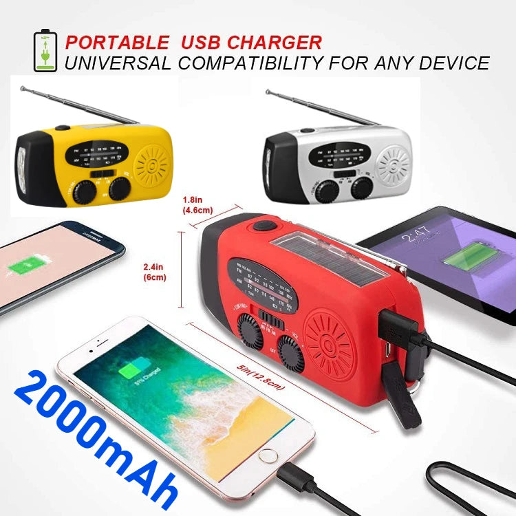 Emergency Weather 2000mAh Radio Portable Emergency Solar Radio Hand Crank Self Powered Phone Charger 3 Led Flashlight Am Fm