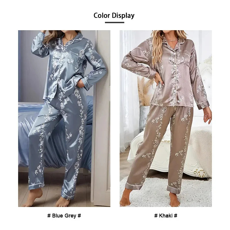 2026 Women Satin Pajama Casual Sleepwear Home Suit Spring Long Sleeve Button Up Top & Pants Nightwear Loungewear Pyjama Femme