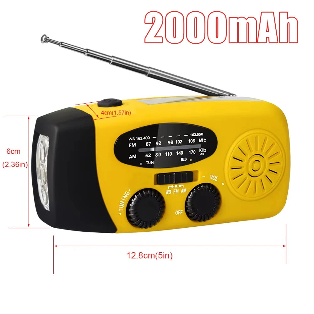 Solar Hand Crank Emergency Weather Radio – 2000mAh Phone Charger, AM/FM & 3 LED Flashlight