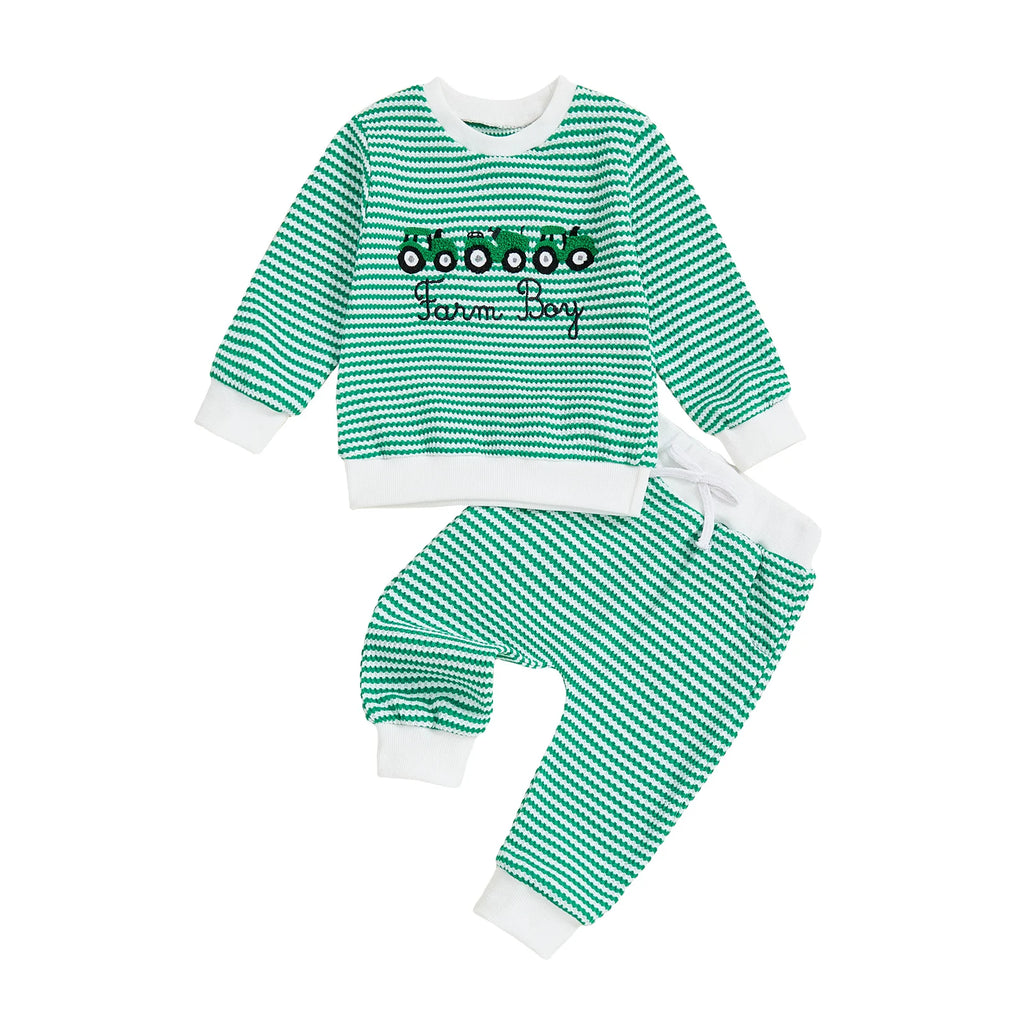 Baby Boy Truck Embroidery Striped Sweatshirt & Joggers Set