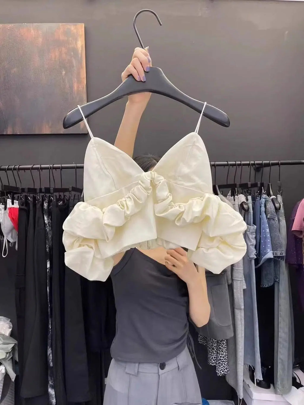 Women's clothing 2025 spring and summer new V-neck off-the-shoulder bubble sleeve pleated short suspender vest women