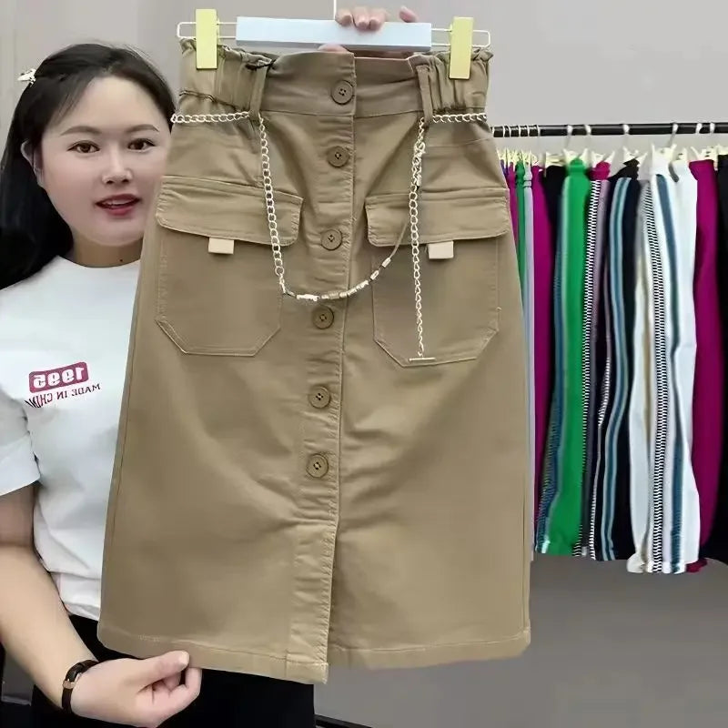 Women's Solid Color Button A-Line Skirt – High Waist Knee-Length Casual Skirt for Spring & Summer