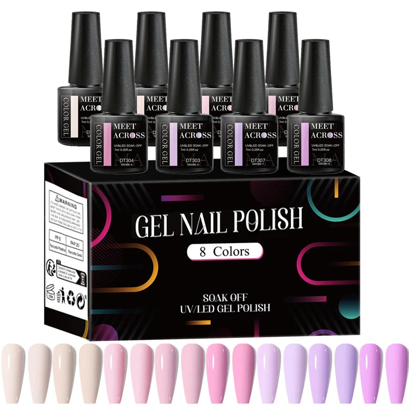 MEET ACROSS 8Pcs/Set Fluorescent Gel Nail Polish Summer Spring Colorful Laser Glitter Nail Art Gel Varnish Manicure For Nails