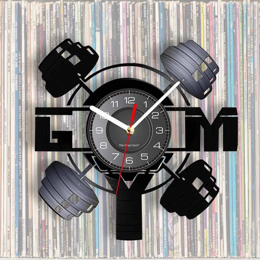 Fitness Equipment Theme Vinyl Record Fitness Wall Clock Home Decoration LED Backlight Modern Fitness Watch