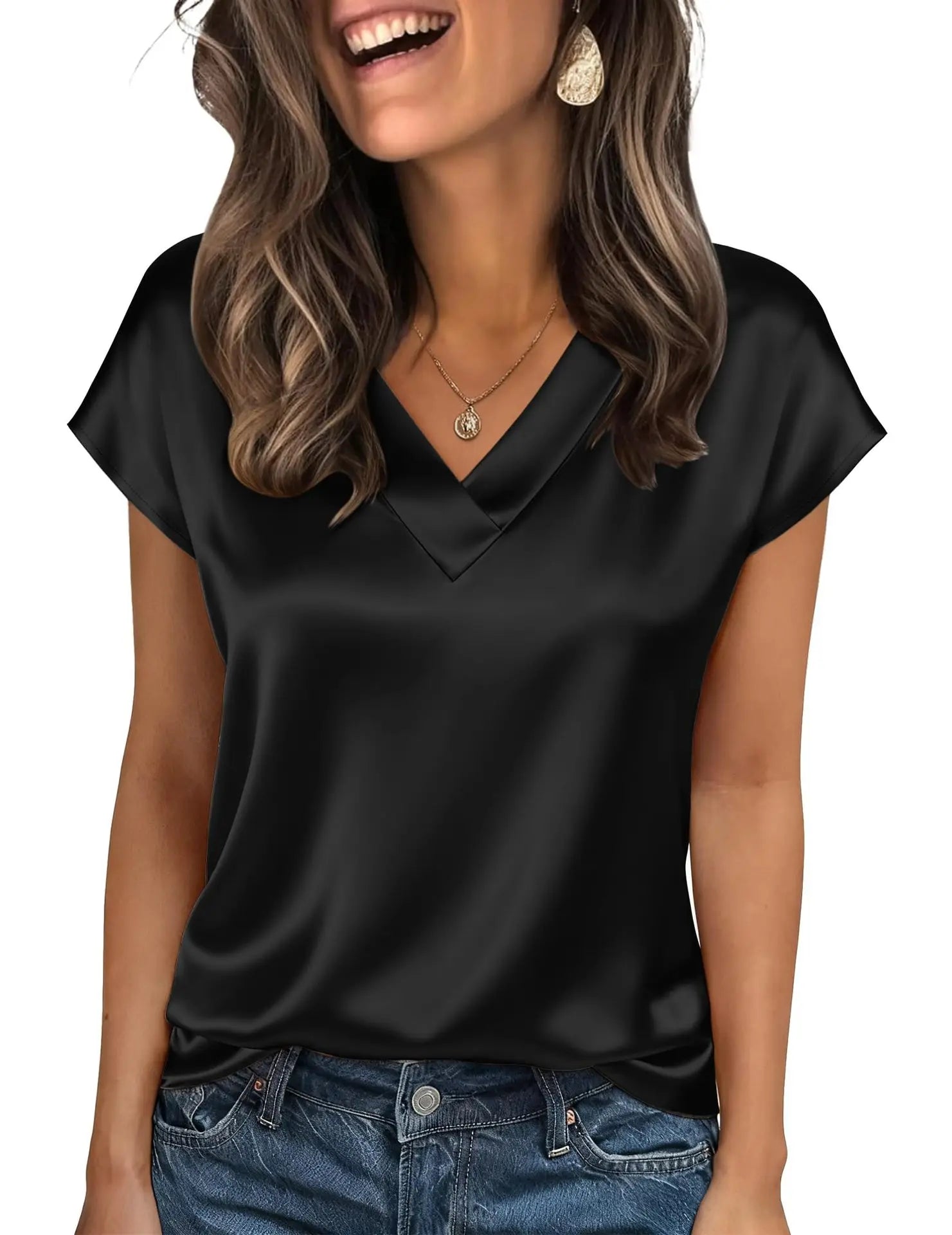 Women's Satin V-Neck Short Sleeve Blouse