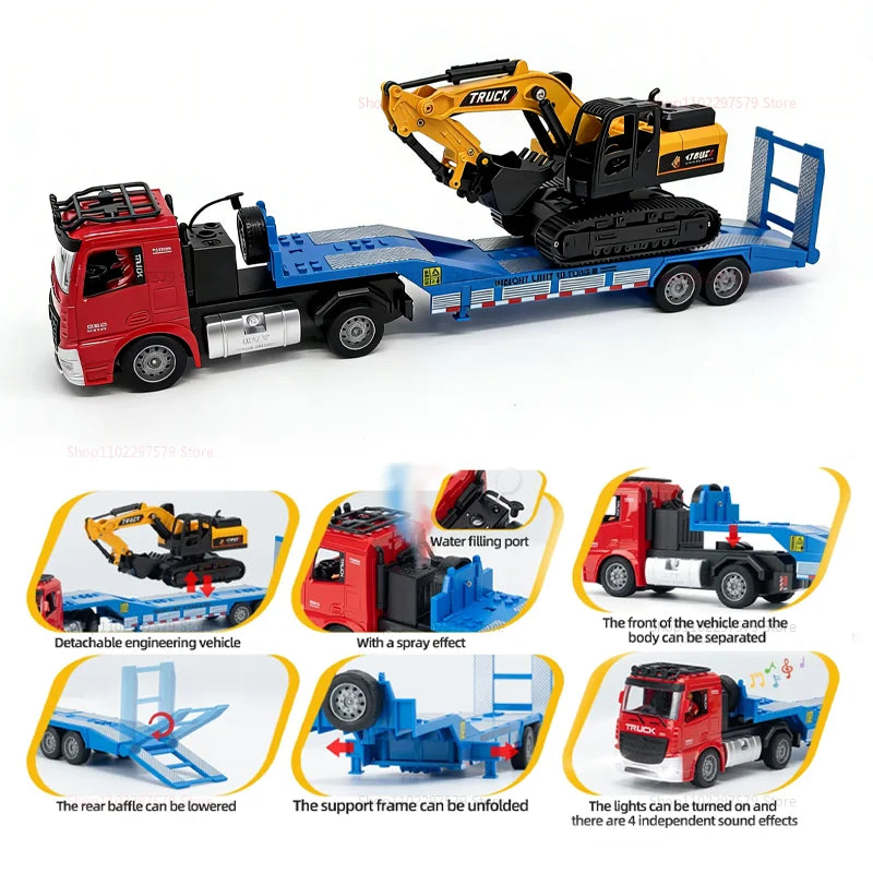 Large Flatbed Semi Truck Toy for Kids With Excavator 2-in-1 Alloy Engineer Vehicle 2.4G RC Car Toy for 2-5 Year Old Boy and Girl