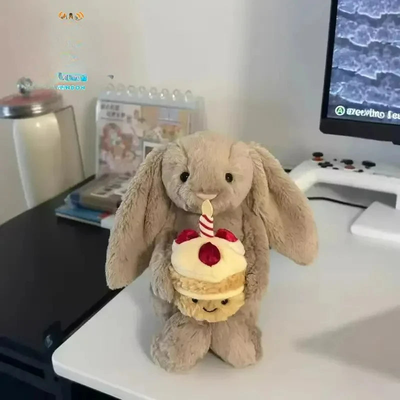 JC Shy Bonnie Rabbit Plush Doll | 31cm Soft Toy Holding Birthday Cake — Kids Holiday Gift