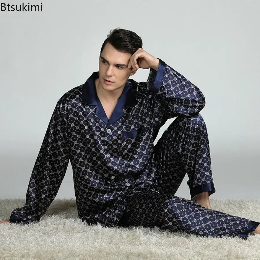 2026Men's Spring Summer Pajamas Sets Long Sleeve Tops&Pants Two-pieces Satin Home Clothes Male Ice Silk Printed Lounge Nightwear