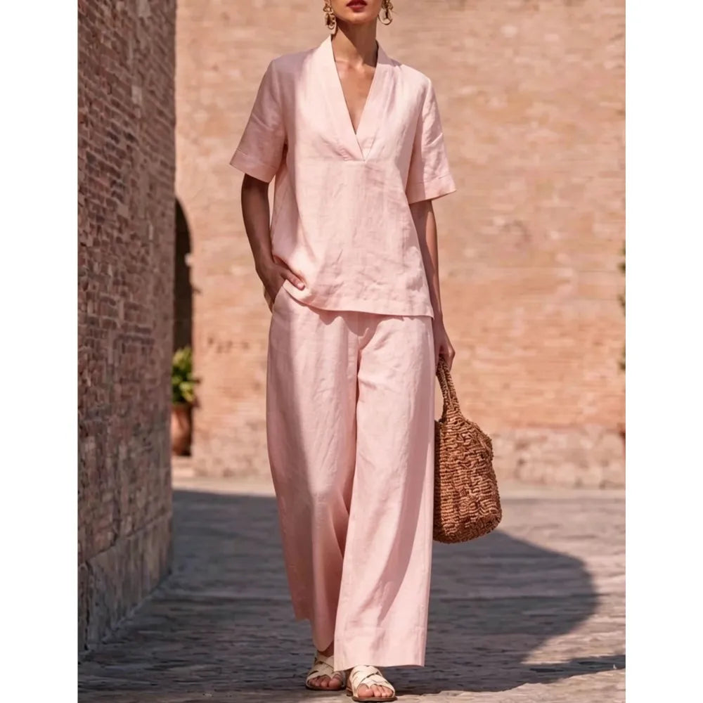Summer Casual V-neck Short-sleeved Women Trousers 2-piece Set Fashion Casual Loose Wide-leg Trousers Female Lazy Daily Suit 2026