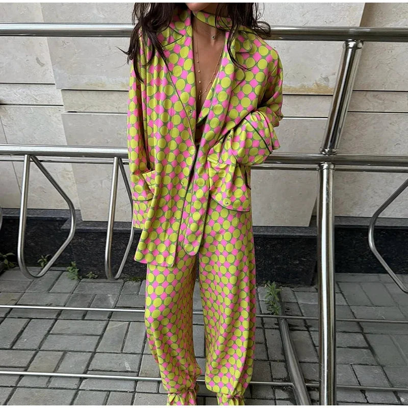 Loose Geometric Print Shirt Pant Sets for Women Ribbon Lapel Full Sleeve Pocket Shirts Wide Leg Trouser Summer Casual Suits