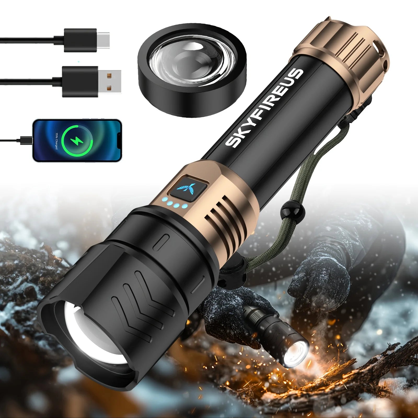 Led Flashlight High Lumens Super Bright Rechargeable Flashlight With Ignition Lens Zoomable For Camping Essentials Outdoor Home