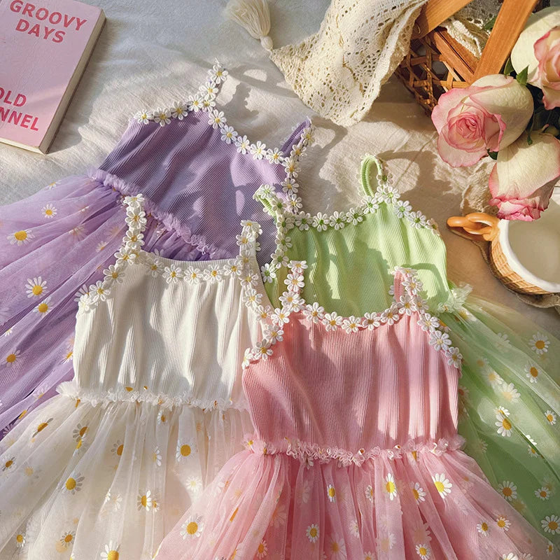 2026 Summer Girls Sling Dress Cute Daisy Print Tulle Skirt Casual Party Dress Kids Princess Dress with Lace Flower Trim 2-8Years