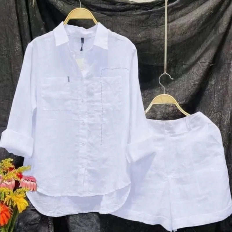 Summer Cotton Linen Casual Home 2 Piece Set For Women Fashion White Long Sleeve Shirt And Shorts Two Piece Sets Tracksuit
