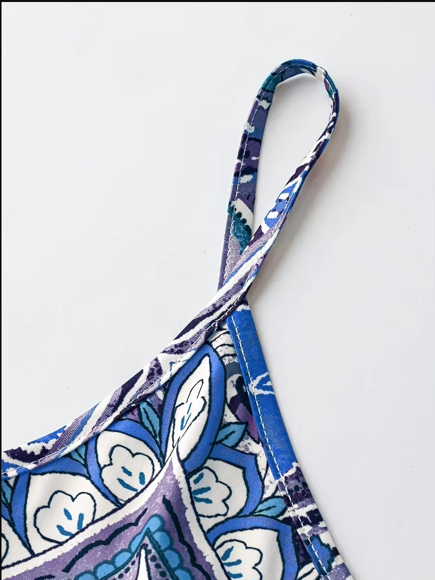 Women's Blue & White Porcelain Print Spaghetti Strap Maxi Dress