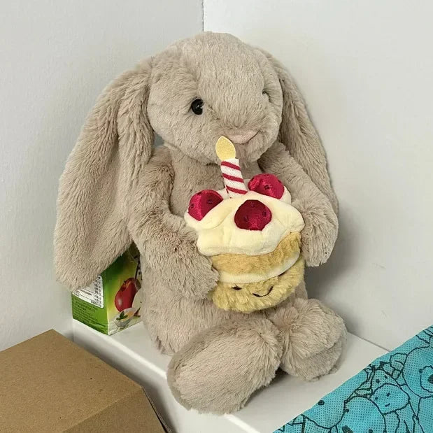 JC Shy Bonnie Rabbit Plush Doll | 31cm Soft Toy Holding Birthday Cake — Kids Holiday Gift