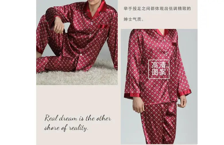 2026Men's Spring Summer Pajamas Sets Long Sleeve Tops&Pants Two-pieces Satin Home Clothes Male Ice Silk Printed Lounge Nightwear