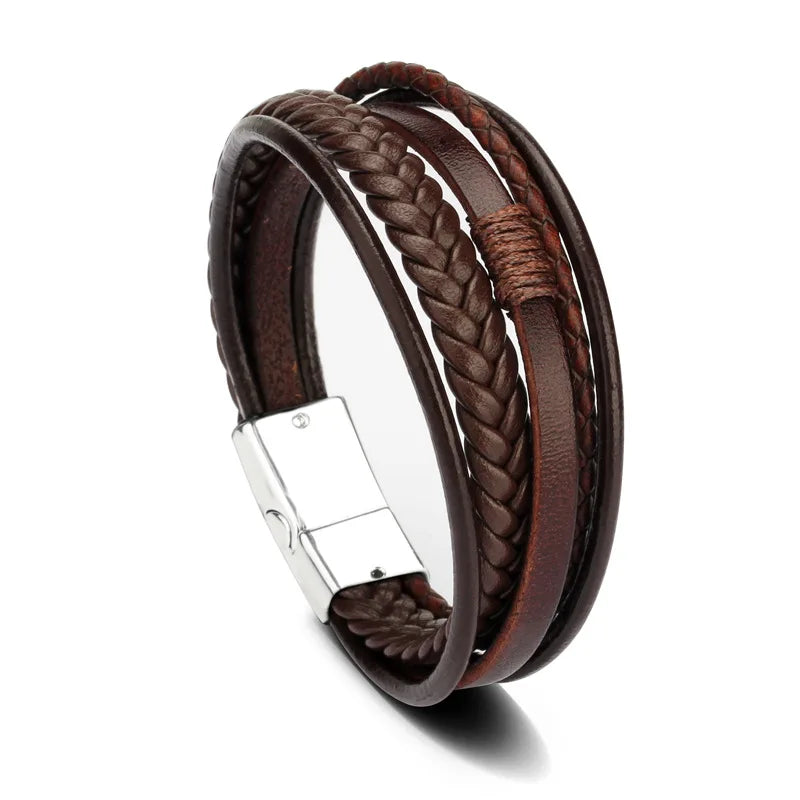 Men's Multilayer Leather & Braided Rope Bracelet – Vintage Aluminium Alloy Bangle | 21cm