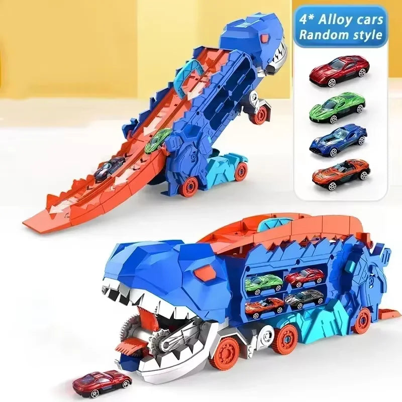 New Dinosaur Truck Race Track Toy Set With 4 Alloy Cars Foldable Transforming Into T-Rex STEAM Toys For Boys Girls Birthday Play