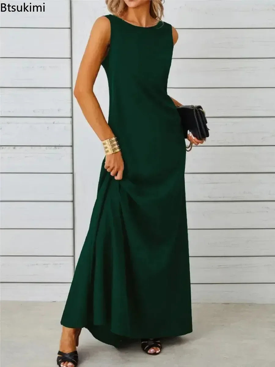 2026 Women's Summer Elegant Long Dress Fashion Solid Sleeveless O-neck Temperament Slim Maxi Dress Ladies A-line Casual Dress