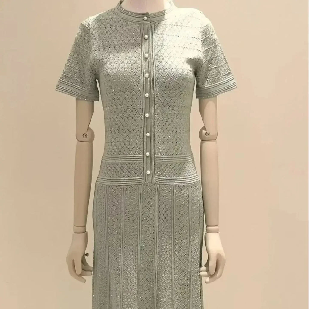 2026 NEW Ladies Spring Summer Short Sleeved Knitted Dress Women Single Row Pearl Button Diamond Patterned Pleated Dress