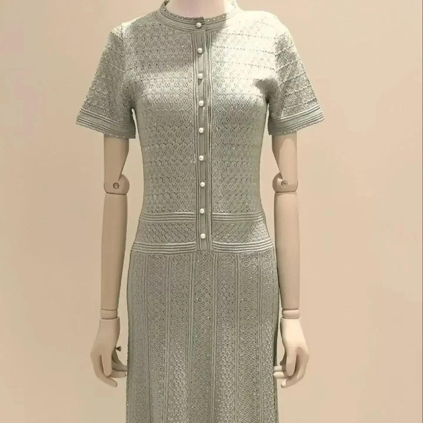 2026 NEW Ladies Spring Summer Short Sleeved Knitted Dress Women Single Row Pearl Button Diamond Patterned Pleated Dress