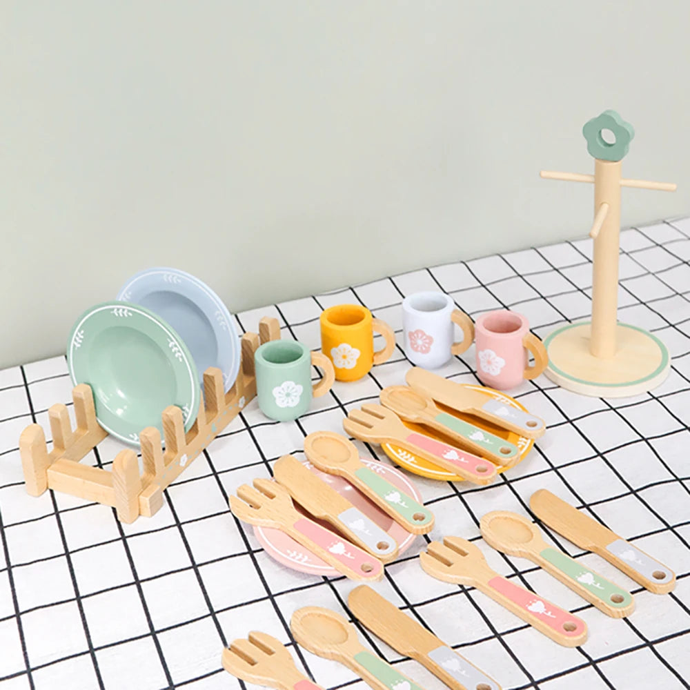 Tea Party Set Dessert Stand Playset ,Wooden Toys Pretend Play Food Kitchen Accessories for Toddler Tea Set Birthday Gift