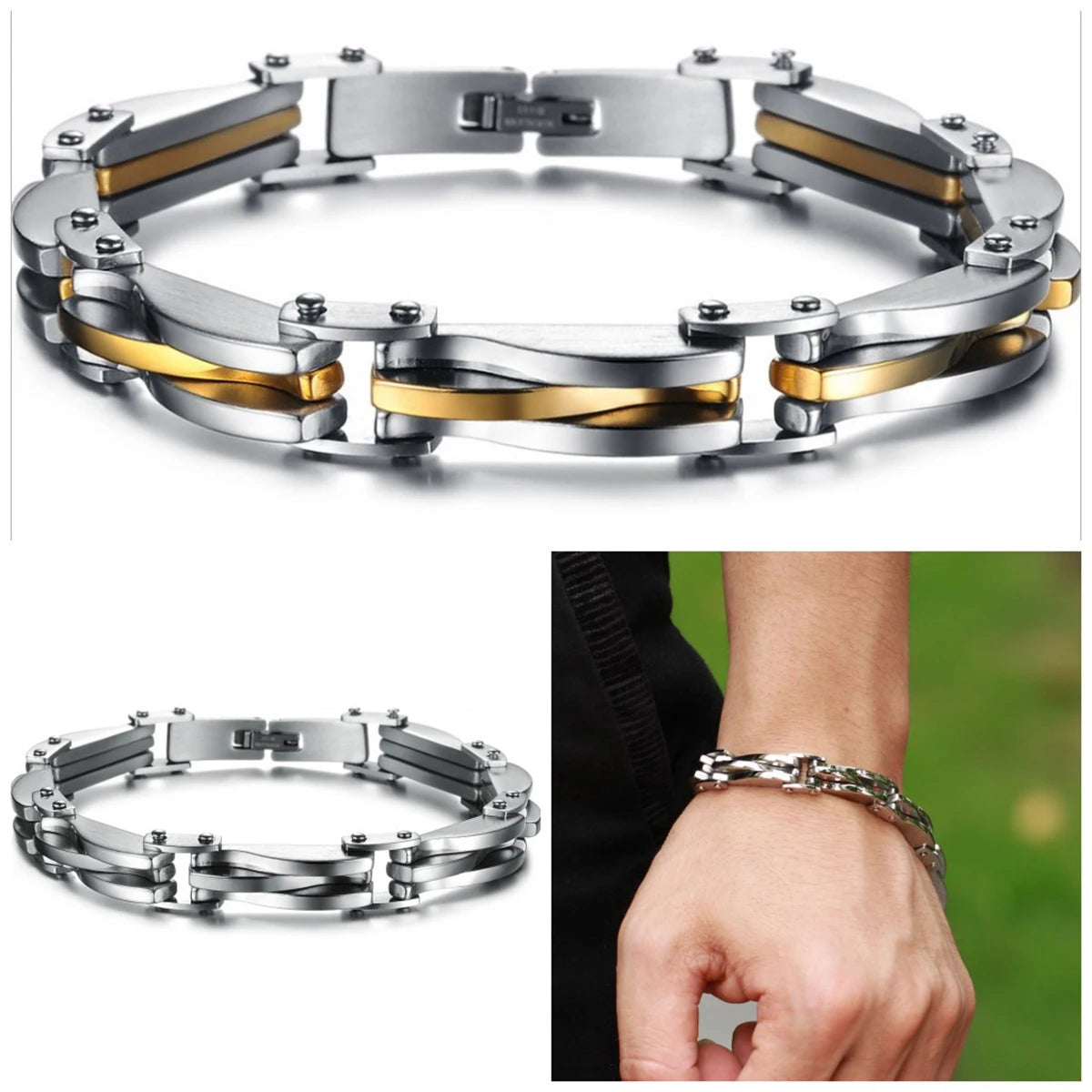 Two-Tone Rhombus Link Stainless Steel Bracelet – Gold & Silver Cuff Bangle for Men