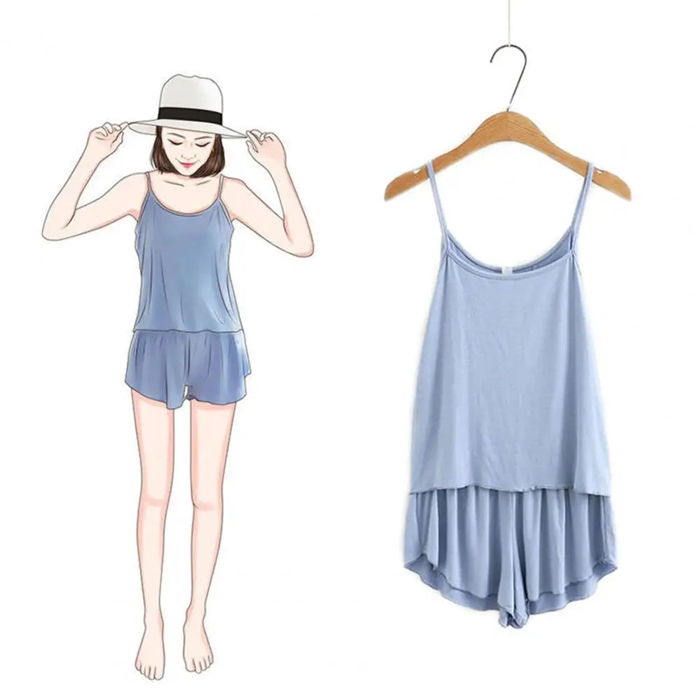 2 Pcs/Set Lounge Women Summer Pajamas Solid Color Sleeveless Camisole Shorts Lady Pajamas for Women Sleepwear Set