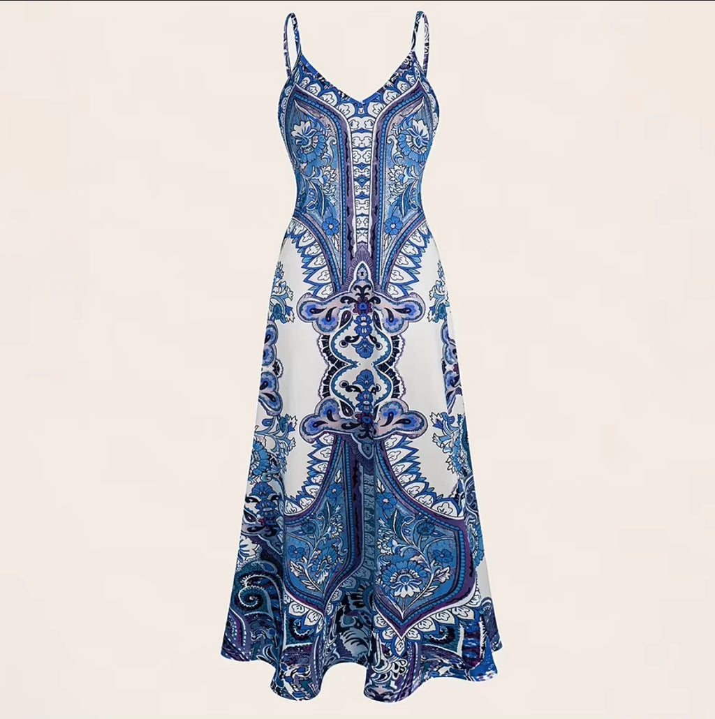 Women's Blue & White Porcelain Print Spaghetti Strap Maxi Dress