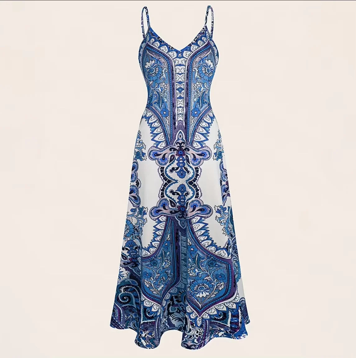 Women's Blue & White Porcelain Print Spaghetti Strap Maxi Dress