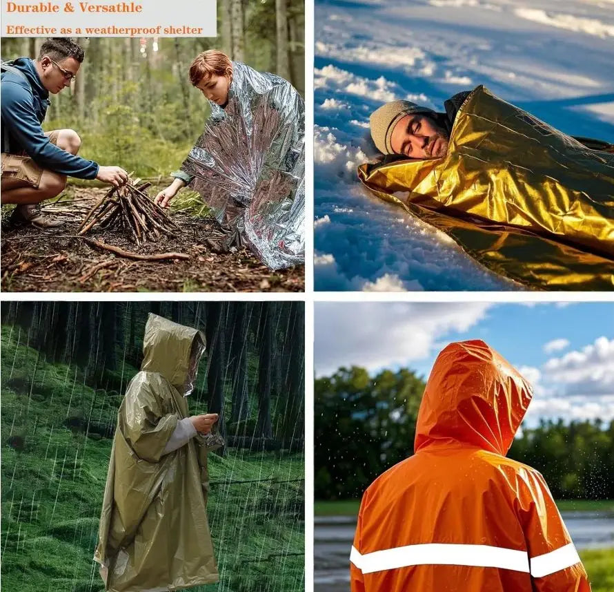 4X Survival Gear kit, Emergency Poncho (2pc), Emergency Space Blanket (2pc), Mylar Liner - Retains 92% Body Heat