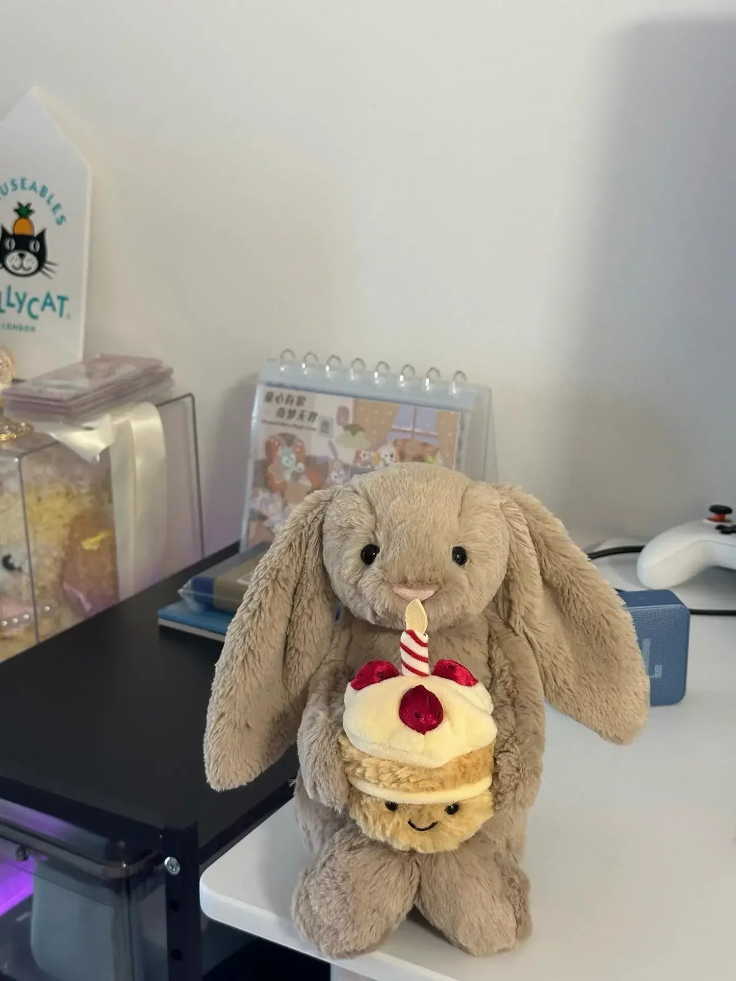 JC Shy Bonnie Rabbit Plush Doll | 31cm Soft Toy Holding Birthday Cake — Kids Holiday Gift