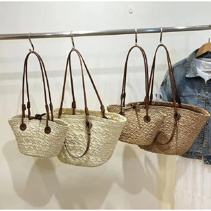 Women's Woven Straw-Style Bucket Tote Bag
