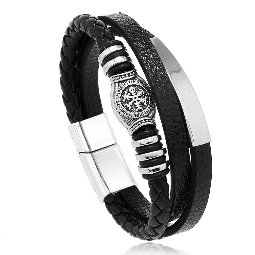 Men's Multilayer Leather & Braided Rope Bracelet – Vintage Aluminium Alloy Bangle | 21cm