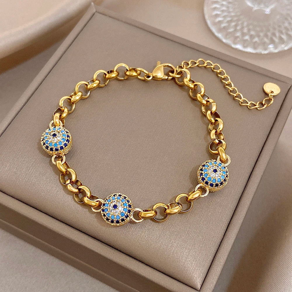 Greatera Blue-eyed Colored Rhinestone Inlaid Ball Bracelet For Women New Style 2026 Trendy Metal Stainless Steel Design Bangles