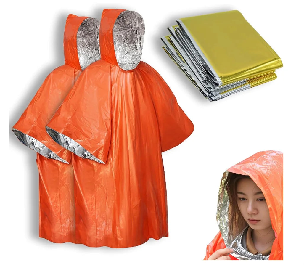 4X Survival Gear kit, Emergency Poncho (2pc), Emergency Space Blanket (2pc), Mylar Liner - Retains 92% Body Heat