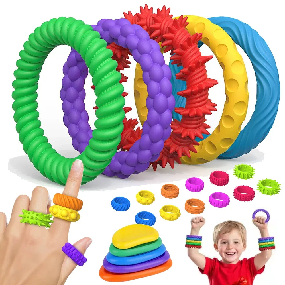 12/6/5PCS Fidegts Toys Silicone Sensory Rings Bracelet Stone Fun Fidgets for Kids Texture Stress Toys for Kids Autism Calming