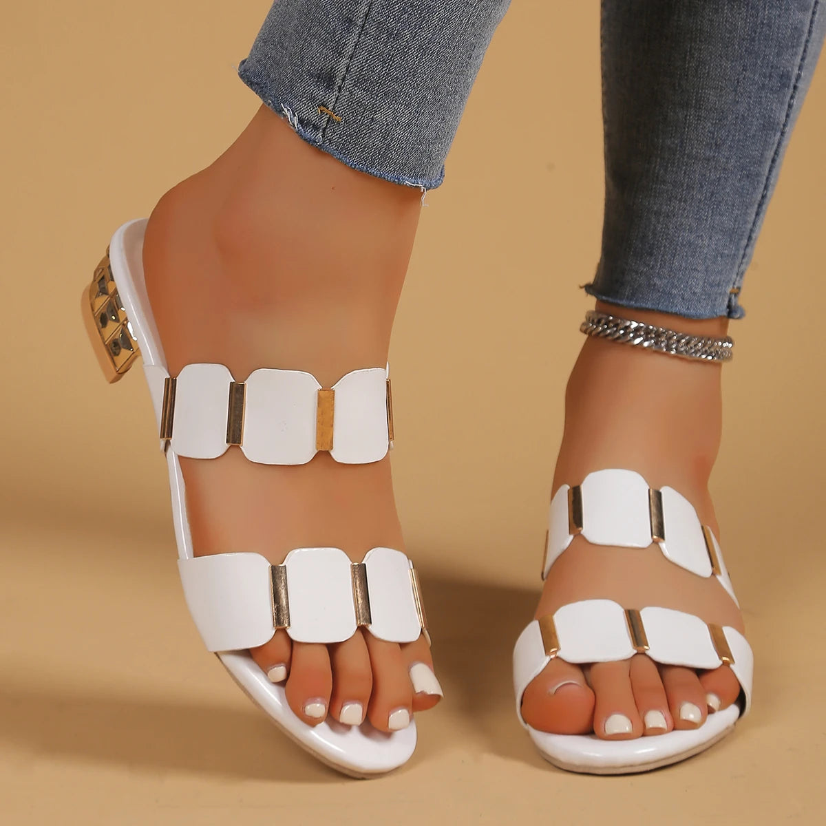 Women's Low Heel Open Side PU Sandals