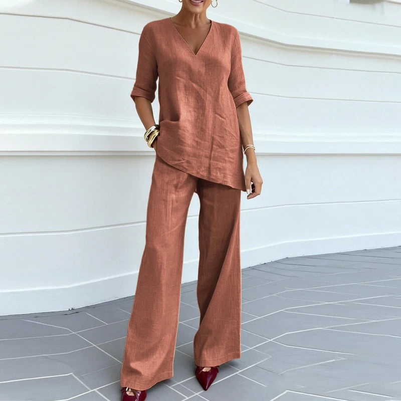 Summer Casual Solid V Neck Short Sleeve T-Shirts Loose Pocket Wide Leg Pants Suit Women Comfortable Beach Holiday Two Piece Set